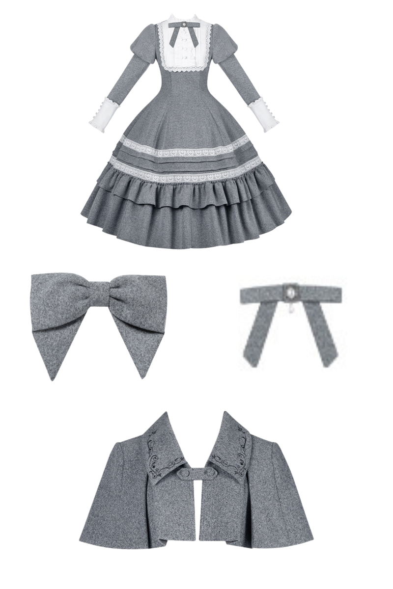 Ruffled Cape Coat + Dress + Hair Accessories + Brooch