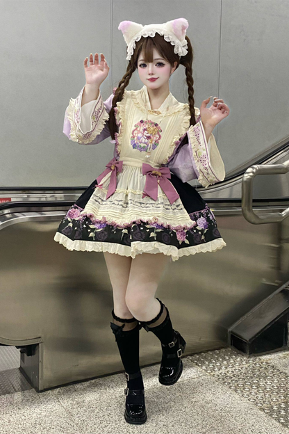 Chinese-style Lolita Top + Skirt + Apron + Headband + Bonnet