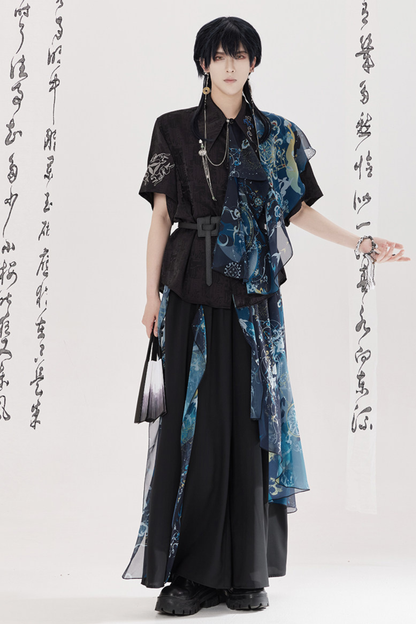 Dark Chinese-style Shirt + Wide Leg Pants + Chain + Belt