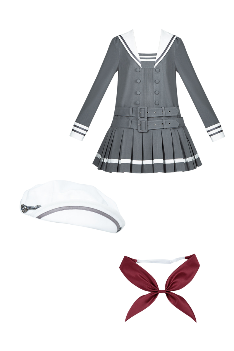 Sailor Collar Pleated College Dress + Ribbon + Hat