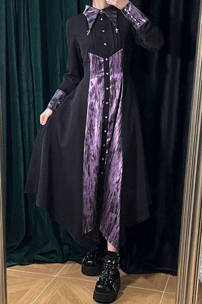 High Collar Blocking Asymmetrical Dress