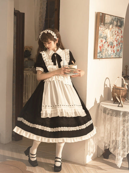 Front Ribbon Lantern Long Sleeve Maid Dress + Ruffle Big Ribbon Apron