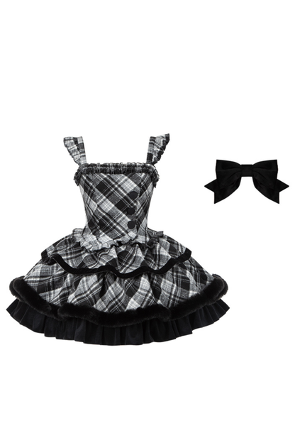 Checked Doll Jumper Skirt + Bow Brooch + Pin + Love Brooch + Shawl + Top + Leg Warmers