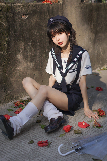 Sailor Shirt + Suspender Shorts + Tie + Beret