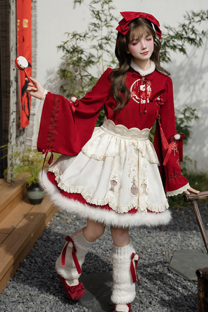 Chinese-style Big Sleeve Dress + Apron + Skirt + Leg Warmers + Hairband + Clip + Pin