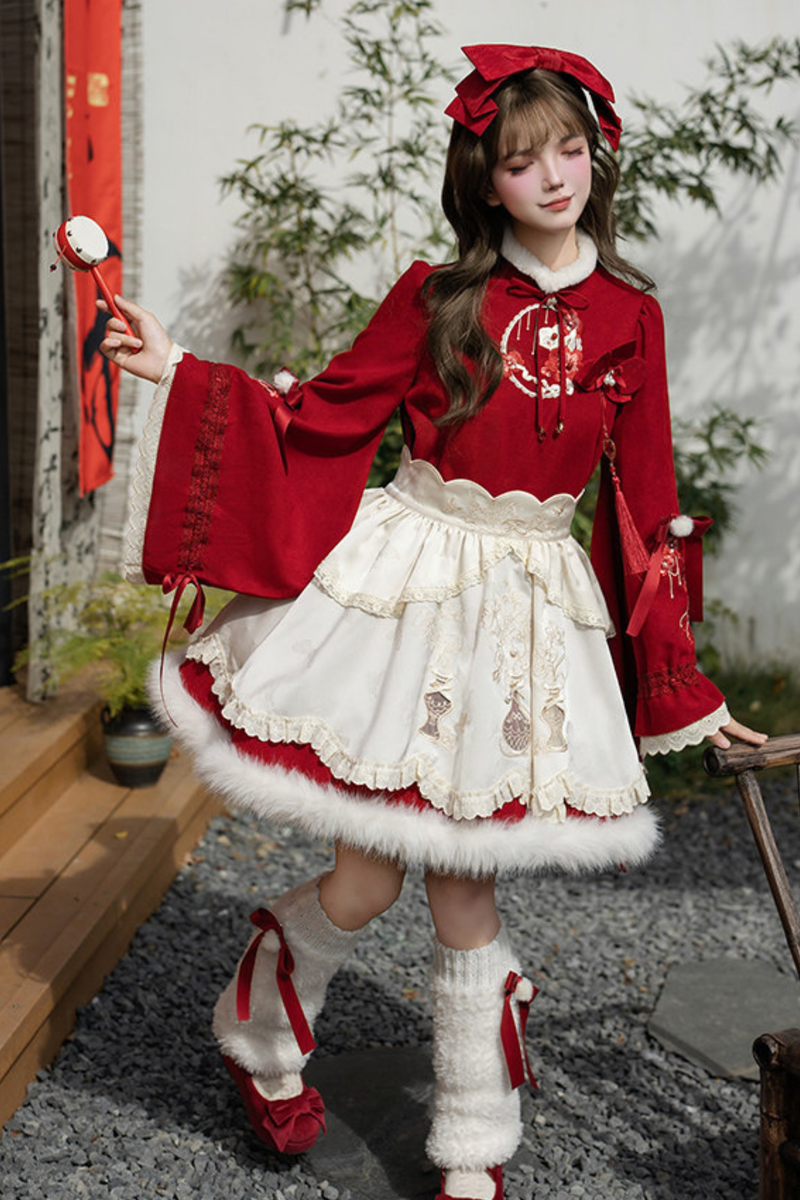 Chinese-style Big Sleeve Dress + Apron + Skirt + Leg Warmers + Hairband + Clip + Pin