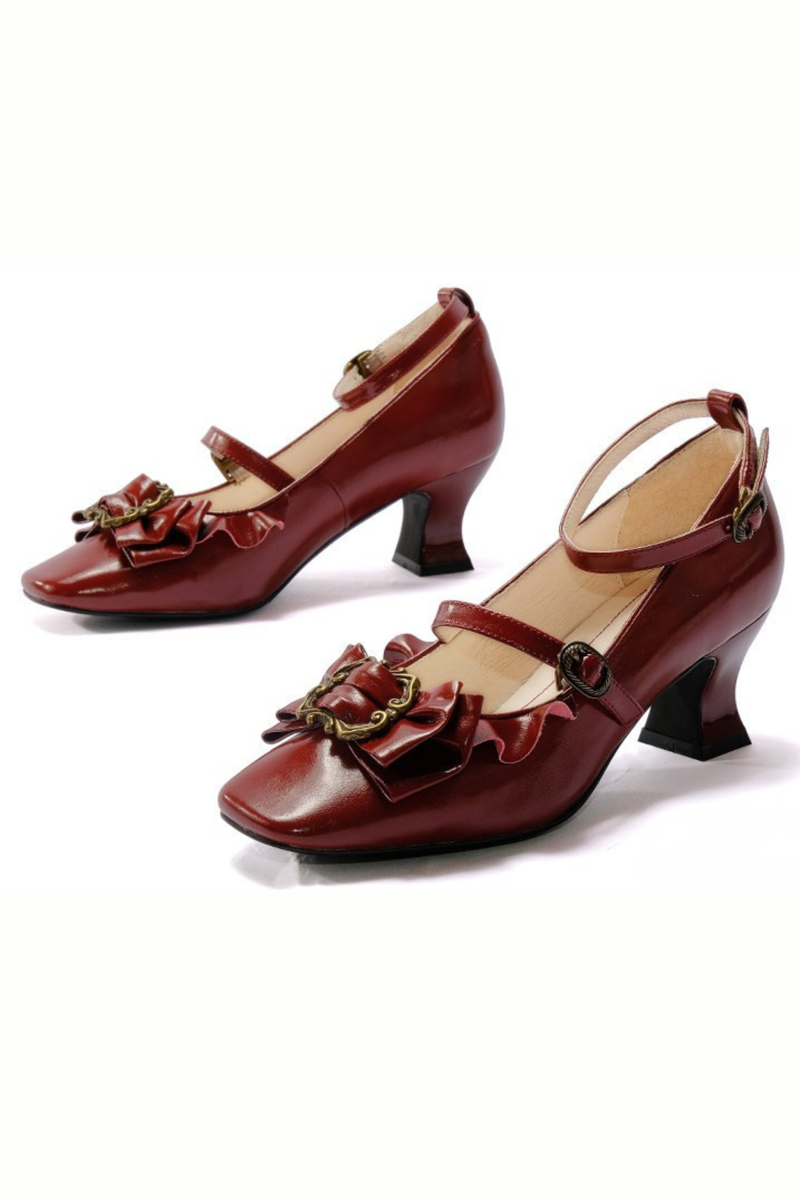 Leather Ribbon Ruffle Lolita Heels