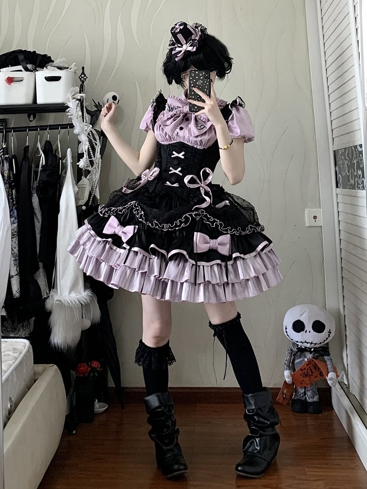[order Deadline: May 12] Black Purple Lolita Idol Ribbon Puff Sleeve Shirt + Corset Tulle Pull-up Jks Dress Set