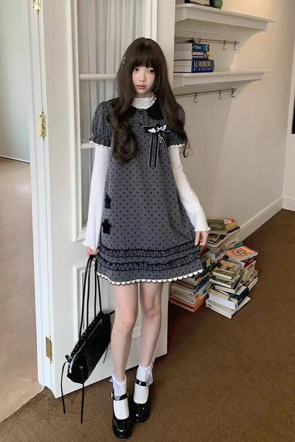 Grey [little Star Wish] Doll Collar Short Sleeves Polka Dot Printed Bow Classic Japanese Lolita Dress