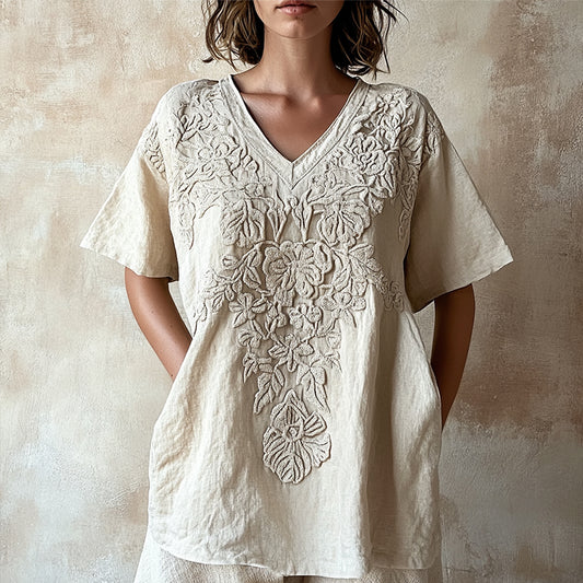 Vintage Floral Lace Art Comfy V Neck T Shirt elevenforest