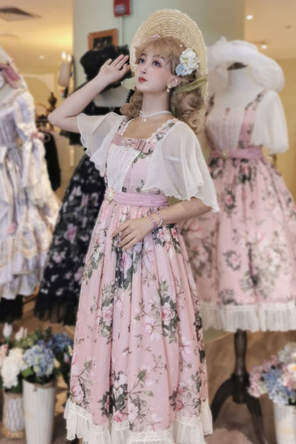 Pink French Rose Print Square Collar Ruffled Classic Lolita Op Dress