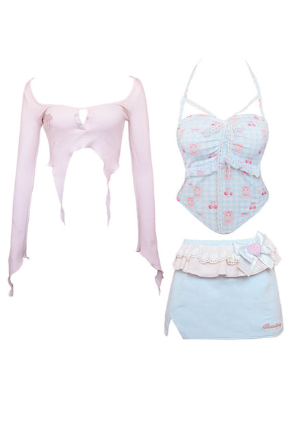 Candy Sweet Doll Print Suspender + Pink Knit Cardigan + Blue Hip Skirt