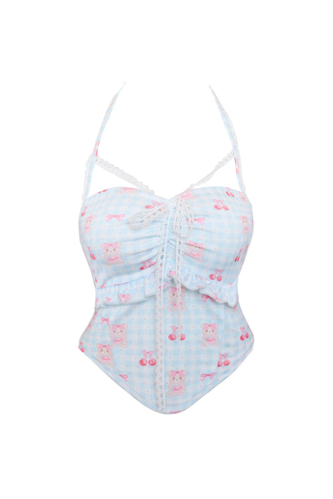 Candy Sweet Doll Print Suspender + Pink Knit Cardigan + Blue Hip Skirt