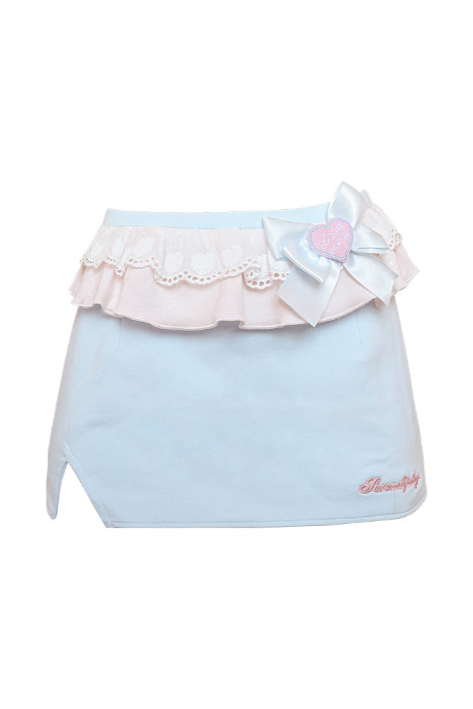 Candy Sweet Doll Print Suspender + Pink Knit Cardigan + Blue Hip Skirt