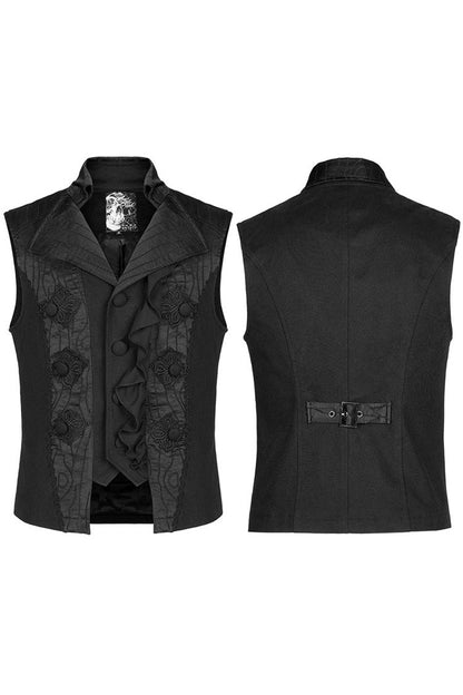 Black Gothic Noble Jacquard Embroidery Pleated Ruffle Delicate Buttons Decoration Vest