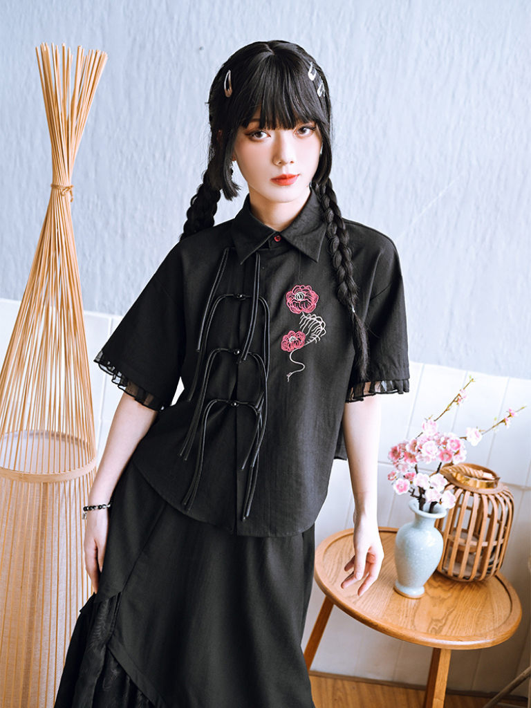 Dark New Chinese-style Tassel Shirt + Chinese-style Skirt