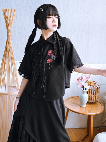 Dark New Chinese-style Tassel Shirt + Chinese-style Skirt