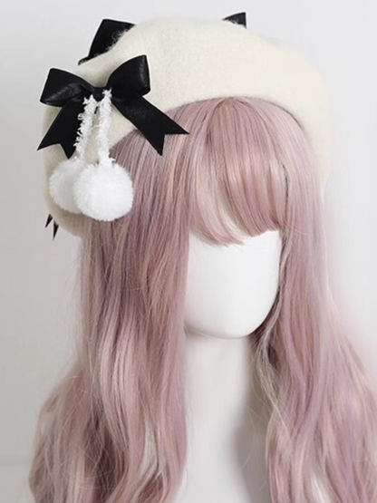 Girly Ribbon Pom-pom Beret
