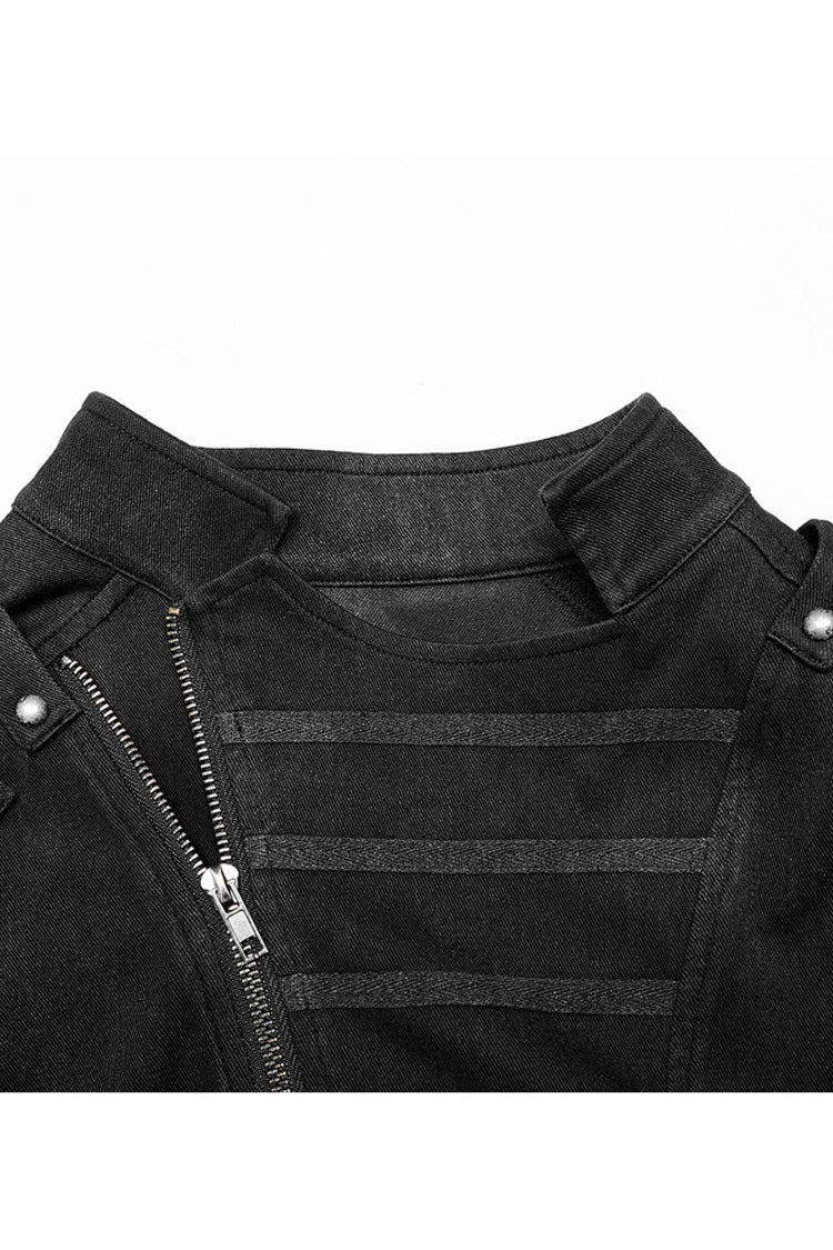 Black Punk Stand Collar Anterior Middle Asymmetry Design Zipper Shoulder Decorate Webbing Vest