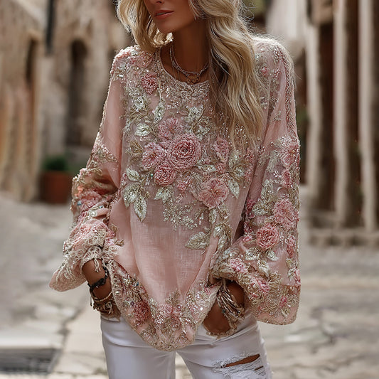 Women's Vintage Pink Rose Embroidered Art Round Neck Long Sleeve Blouse elevenforest