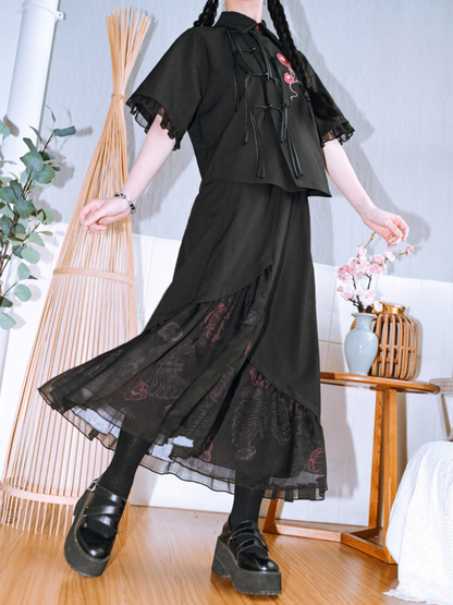 Dark New Chinese-style Tassel Shirt + Chinese-style Skirt