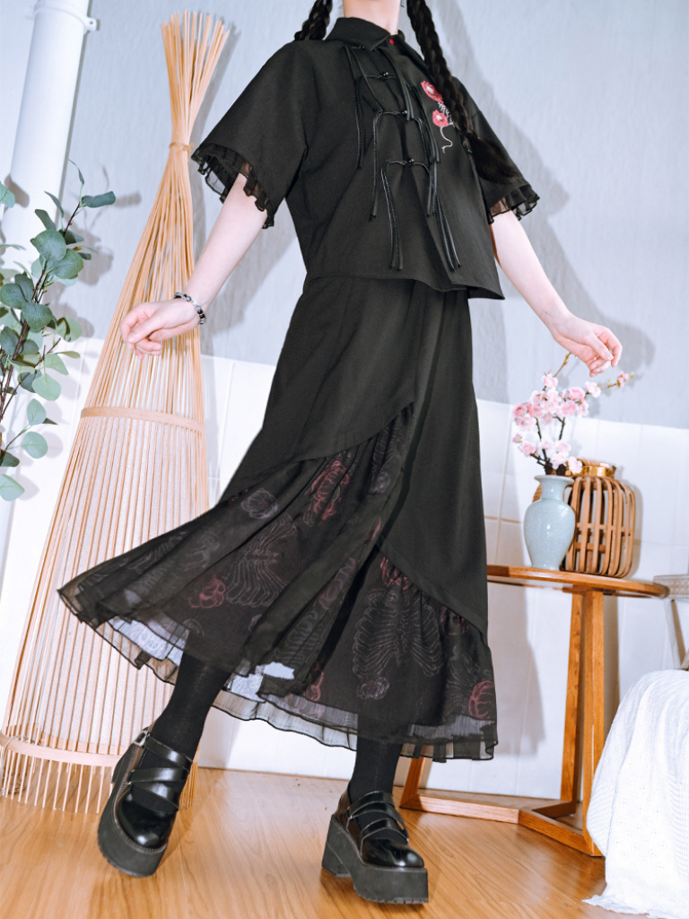 Dark New Chinese-style Tassel Shirt + Chinese-style Skirt