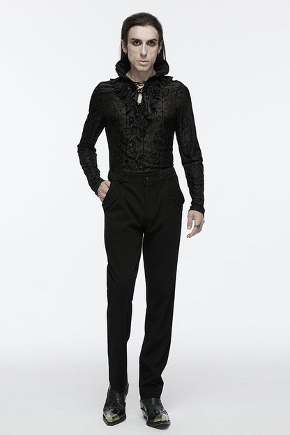 Black Stand Collar Long Sleeves Print Ruffle Gothic Blouse