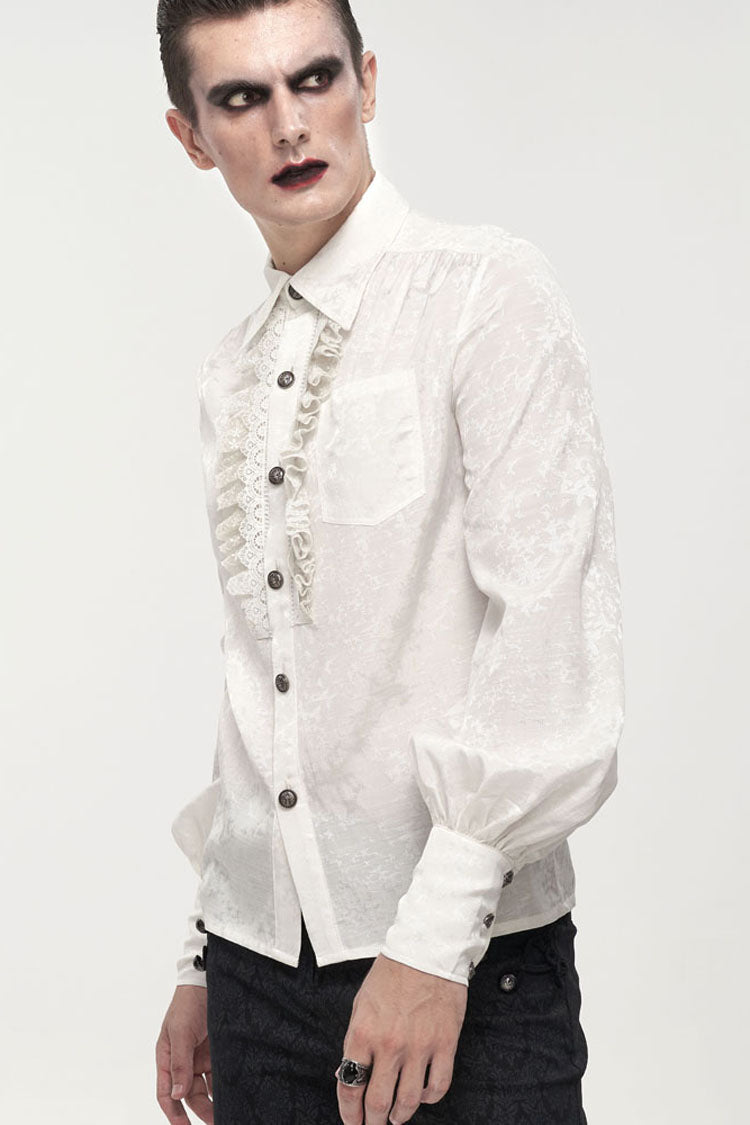 White Gothic Metal Pattern Buckle Long Sleeve Pleated Lace Lantern Shape Printing Pattern Shirt
