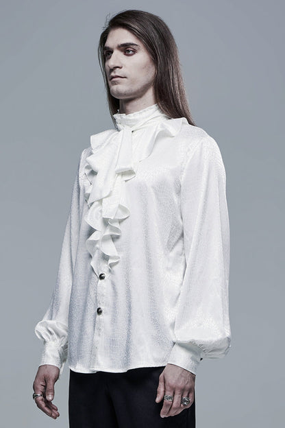 White Gothic Jacquard High Collar Front Chest Flounce Retro Metal Button Lantern Sleeve Shirt