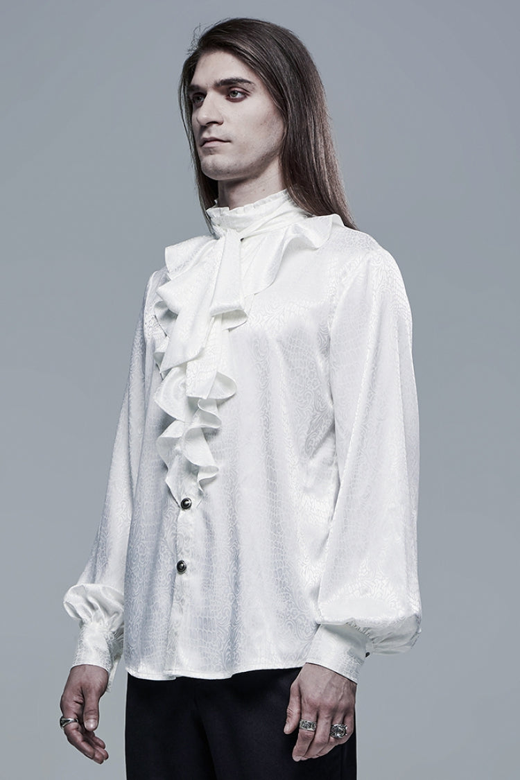 White Gothic Jacquard High Collar Front Chest Flounce Retro Metal Button Lantern Sleeve Shirt