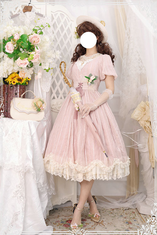 Pink Square Collar Short Sleeves Multi-layer Ruffled Classic Lolita Op Dress