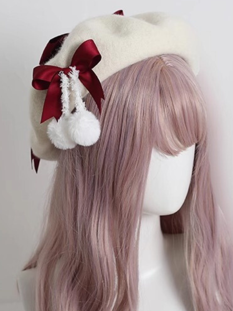 Girly Ribbon Pom-pom Beret