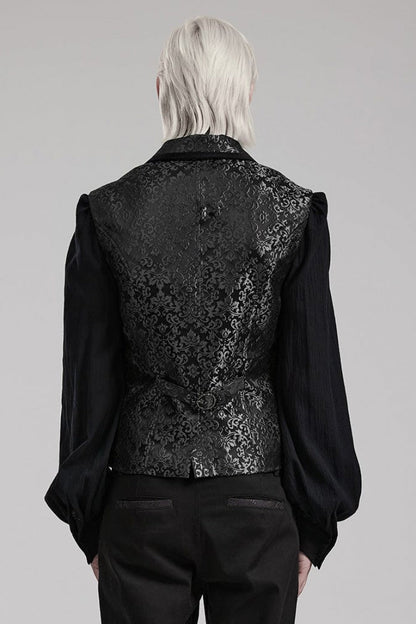 V Collar Sleeveless Print Gem Four Button Stitching Gothic Vest 2 Colors
