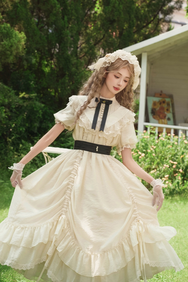 [pre-order] Rose Ruffle Lolita Dress + Dress + Belt + Brooch + Ribbon + Headband + Sleeve