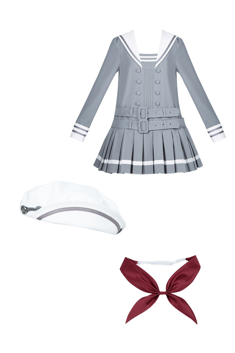 Sailor Collar Pleated College Dress + Ribbon + Hat