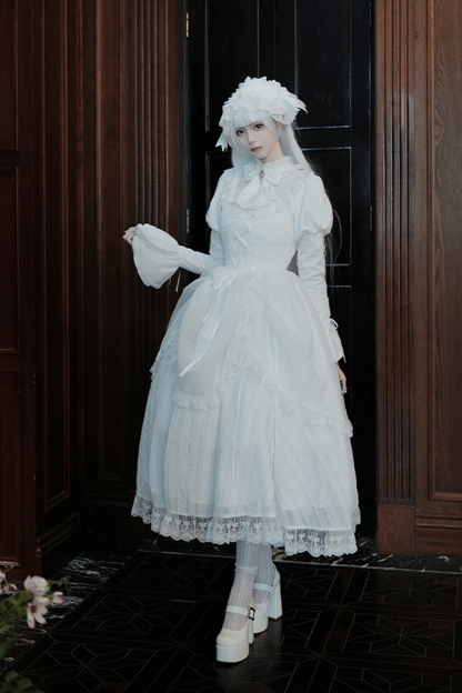 White Gothic Gemini Lolita Dress + Corset + Ribbon + Headband + Veil