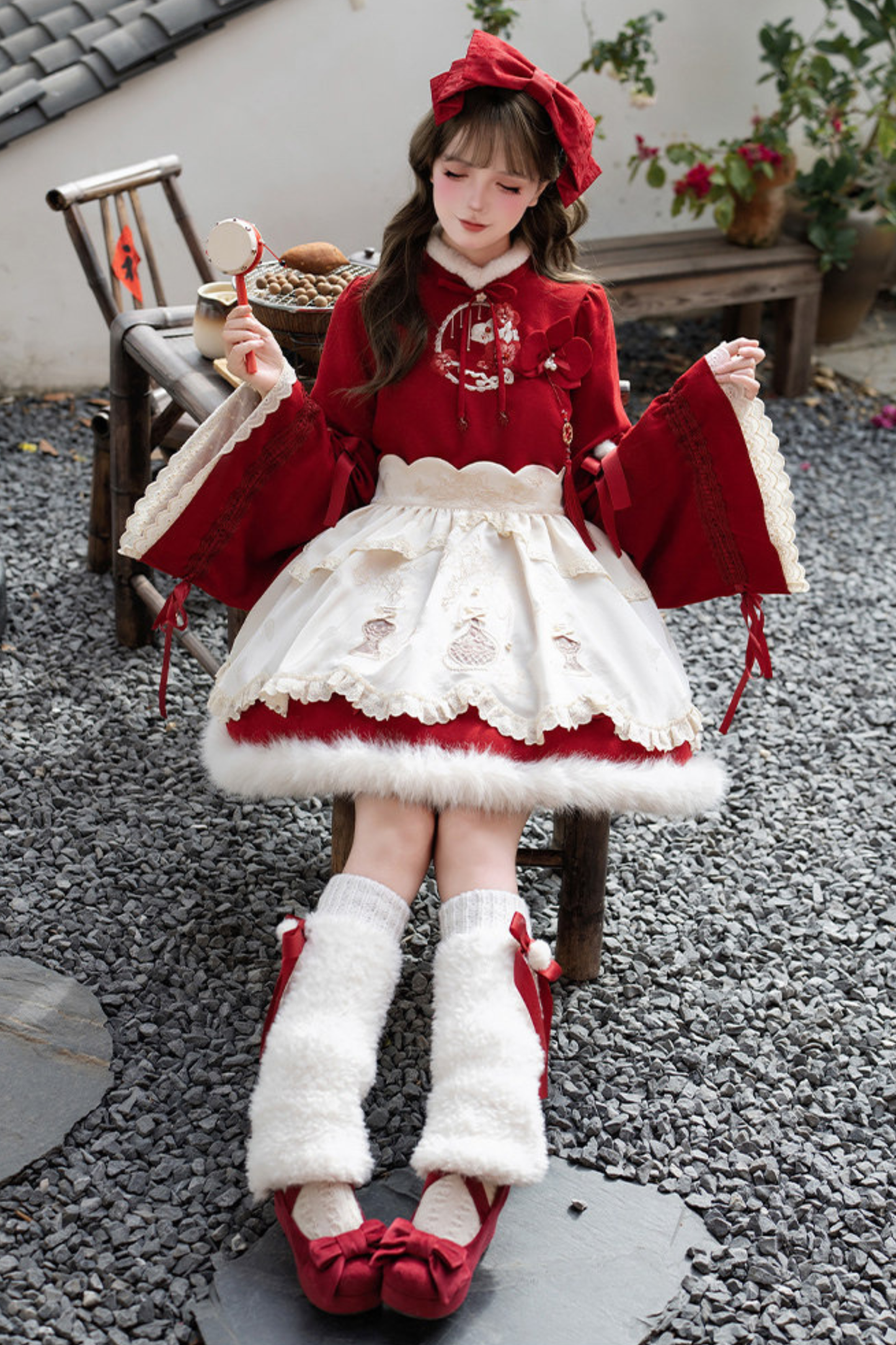 Chinese-style Big Sleeve Dress + Apron + Skirt + Leg Warmers + Hairband + Clip + Pin