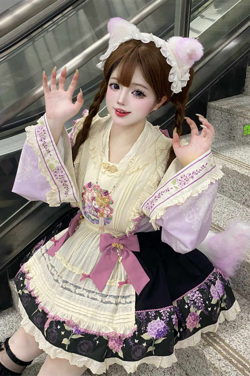 Chinese-style Lolita Top + Skirt + Apron + Headband + Bonnet