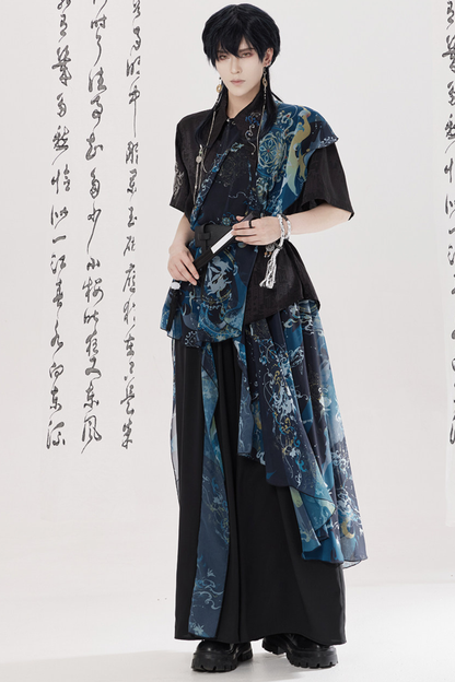 Dark Chinese-style Shirt + Wide Leg Pants + Chain + Belt
