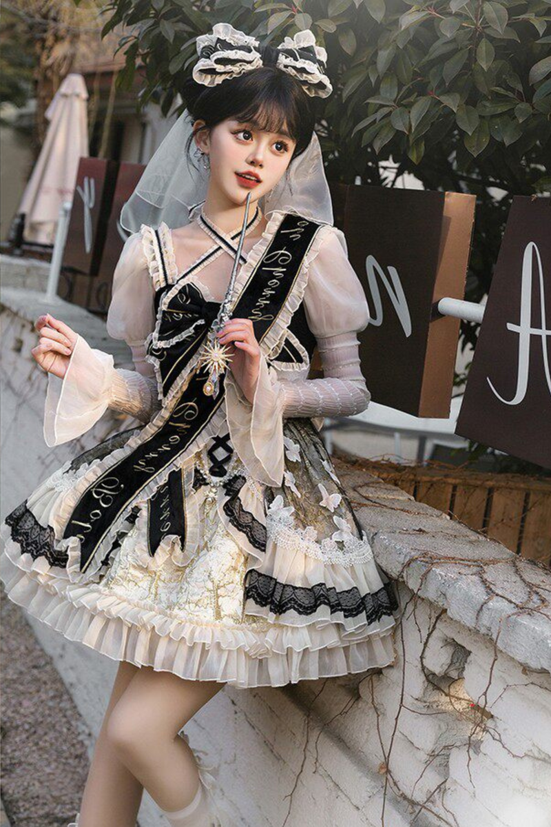 Sweet Baroque Lolita Dress + Veil + Ribbon + Headband + Tail + Sleeves