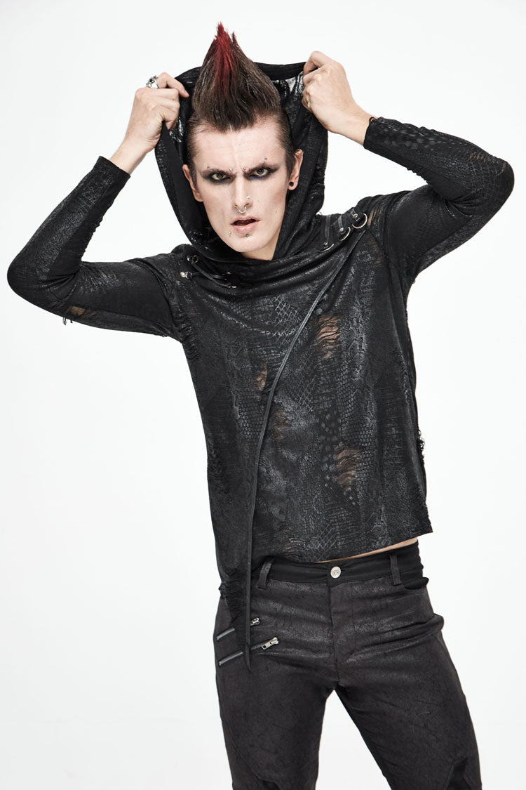 Black Broken Holes Knit Shoulder Lace-up Irregular Hem Hooded Punk T-shirt