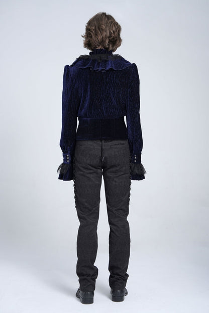 Blue V Collar Long Sleeves Ruffle Stitching Lace Gothic Blouse