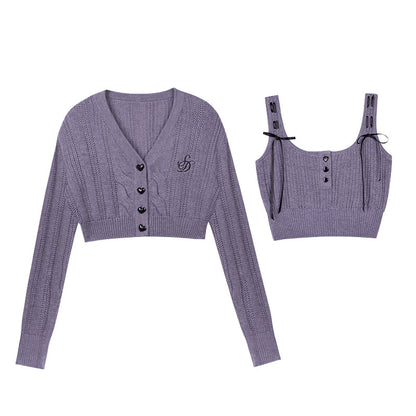 Gray and Purple Knit Suspender Skirt Set