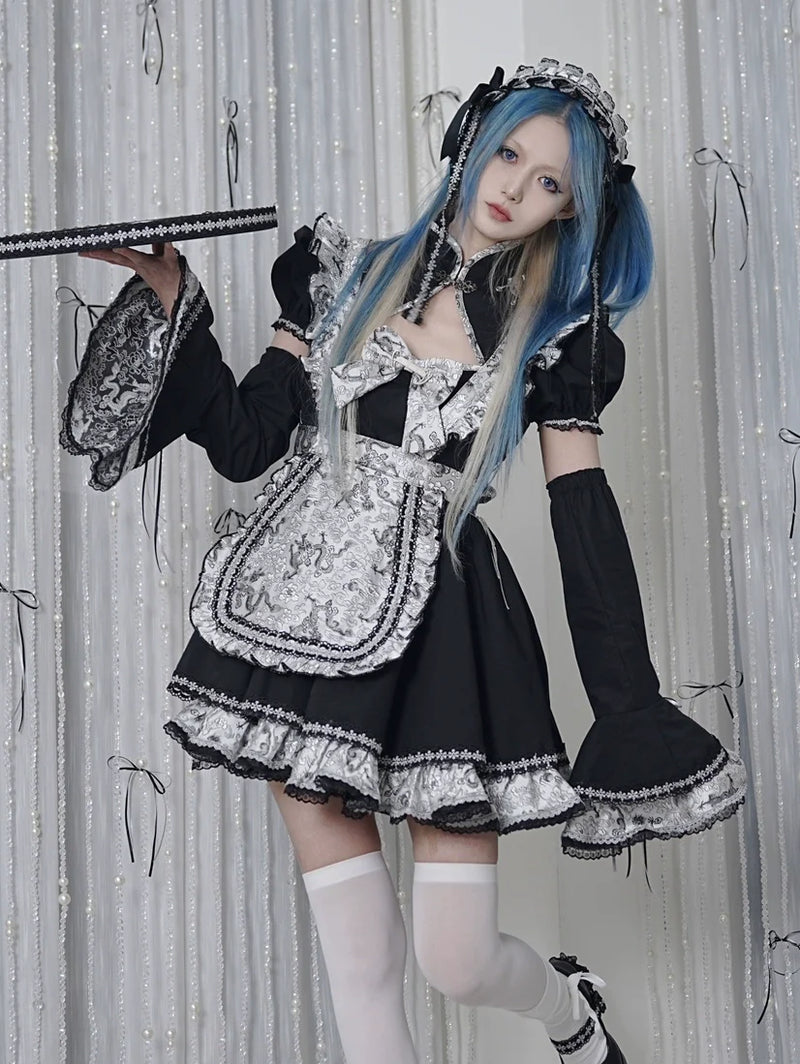 Silver Dragon Maid Gothic Dress + Apron + Arm Cover