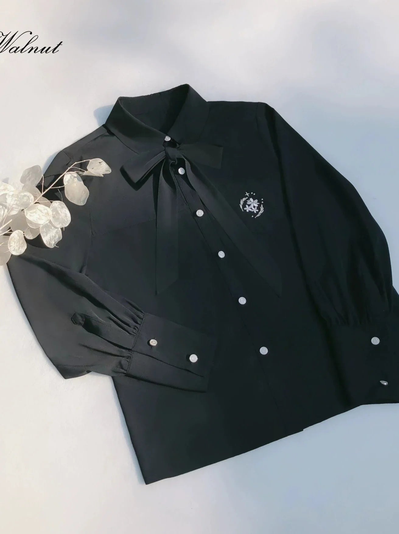 College Apricot Trench Coat + Metal Badge + Black Embroidery Ribbon Shirt + Pleated Skirt