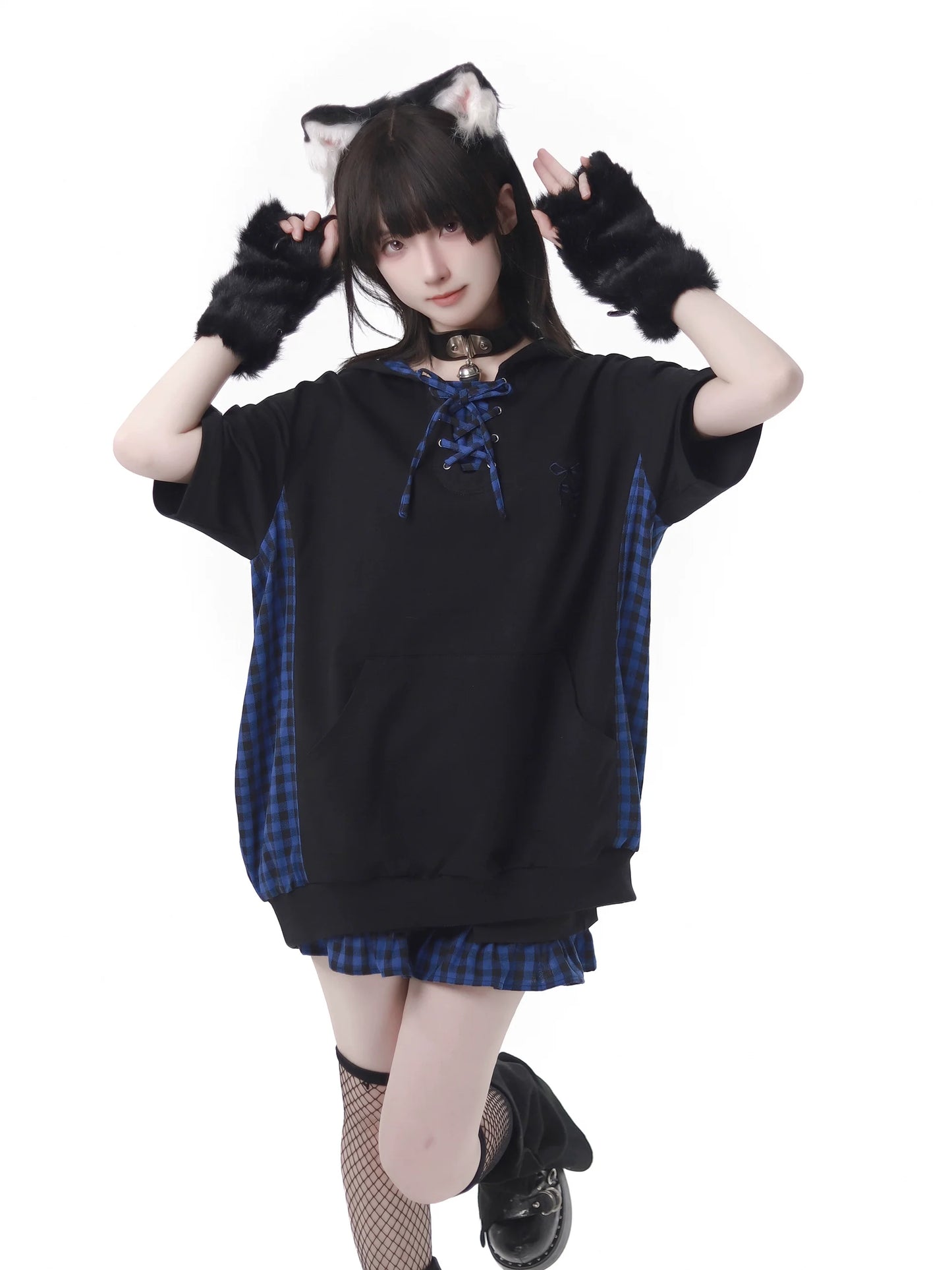 Blue Plaid Stitch Cat Ear Hoodie Summer Strap Design Suit