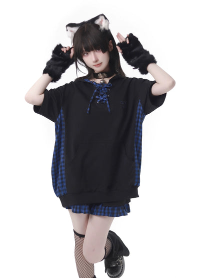 Blue Plaid Stitch Cat Ear Hoodie Summer Strap Design Suit