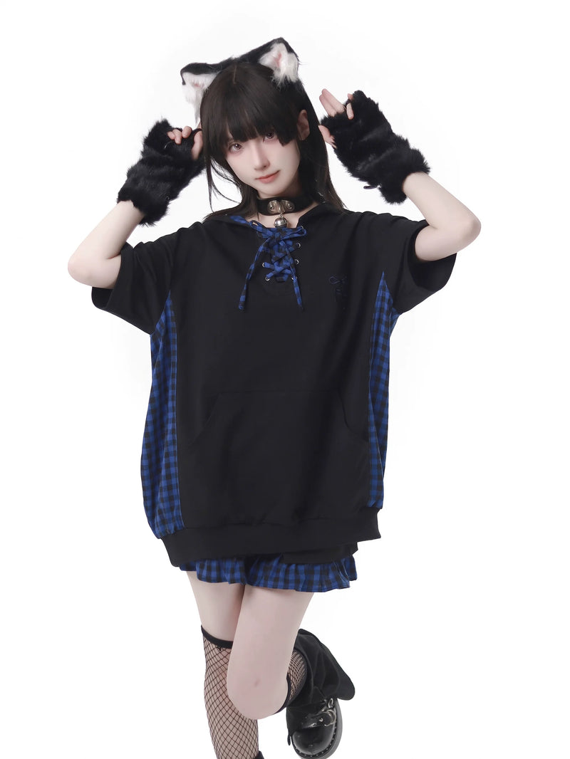 Blue Plaid Stitch Cat Ear Hoodie Summer Strap Design Suit