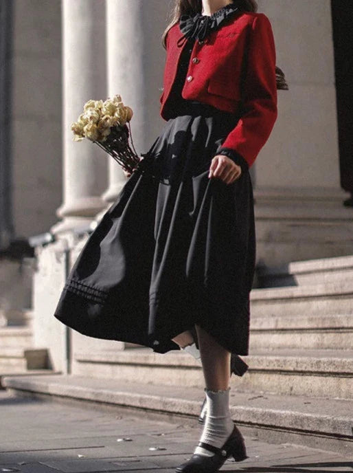 Retro Suit Red Short Jacket + Black Ruffle Lantern Sleeve Dress + Ribbon Tie