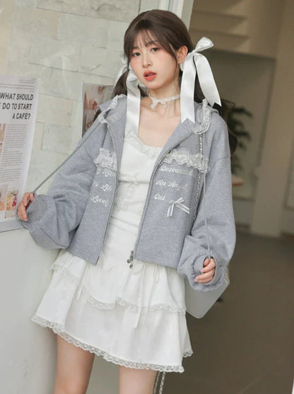 Lace Embroidery Gray Zip Hoodie + Gray Long Skirt [pre-order]